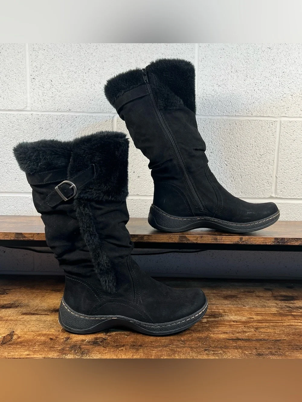Faux Leather Boots Faux Fur Black Tall Zip Winter Casual Wear Ever Barbara 8
